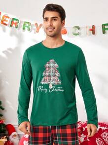 Manfinity Christmas Pattern Plaid Christmas Tree Print Long Sleeve Pajama Set For Men - Green - View 5