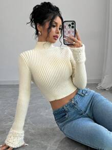 Chiquease Women's Solid Color Stand Collar Long Sleeve Patchwork Ruffled Hem Fitted Pullover Sweater, Autumn/Winter