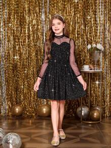 Tween Girl 网眼长袖闪光面料派对礼服，适合婚礼、派对、圣诞节