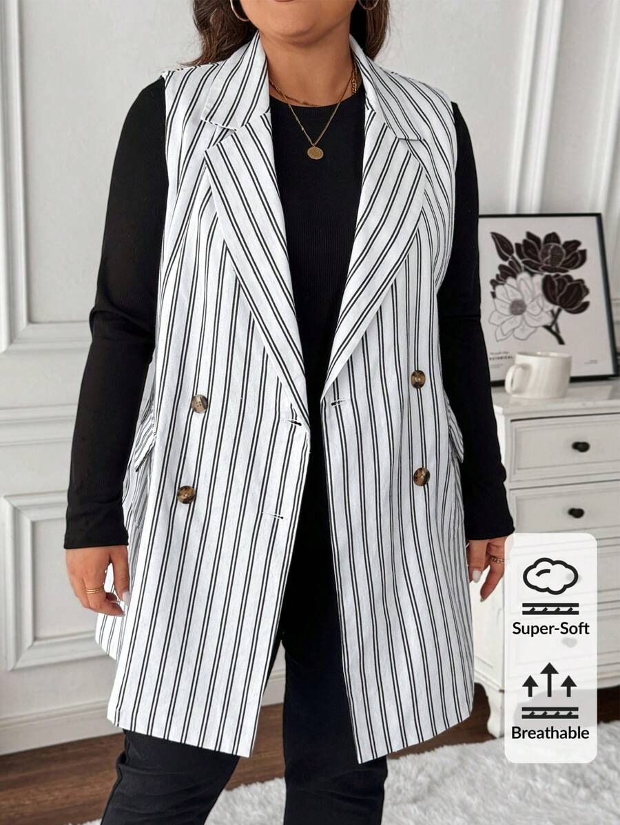 SHEIN LUNE Winter Clothes Plus Size Sleeveless Black And White Striped Lapel Suit - Black and White - View 1