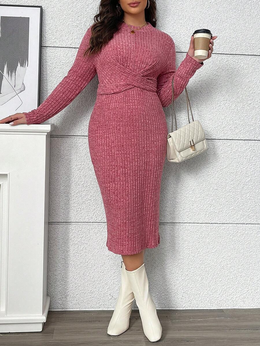 Flirla Plus Size Women's Spring & Autumn Solid Color Round Neck Long Sleeve Cross Waist Side Slit Hem Fitted Dress Fall Cloth For Women - Hot Pink - View 1