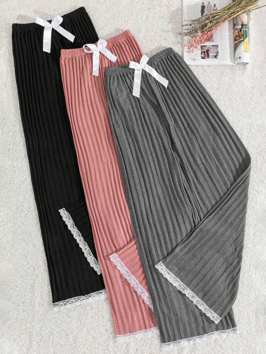 EURMUSE 3pcs  Lace&Ribbon Detail Sleep Bottom Set - Multicolor - View 1