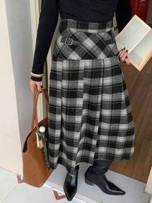 DAZY Damen Metalldekor Schwarz Karomuster Rock, Lässig & Alltäglicher Trage für Herbst,Winter - Schwarz und Weiss - Übersicht 9