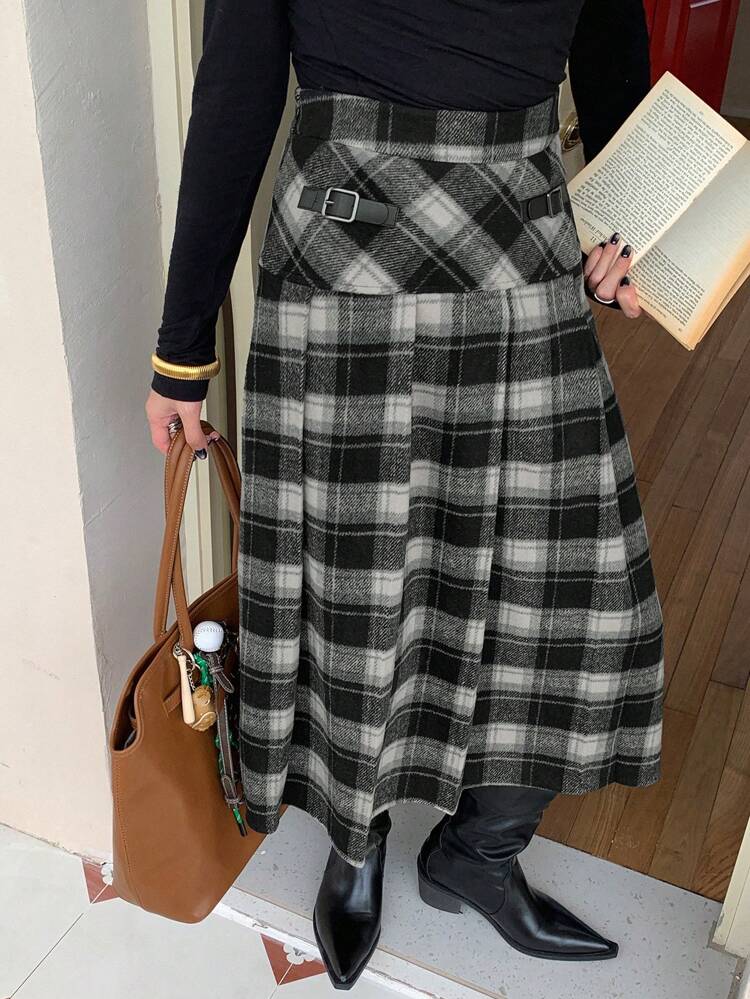 Women Metal Decor Black Plaid Skirt, Casual & Daily Wear Fall,Winter