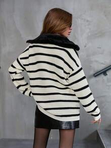 EURMUSE Pälskrage Randig tröja med halv blixtlås - Svart och Vitt - Visa 2