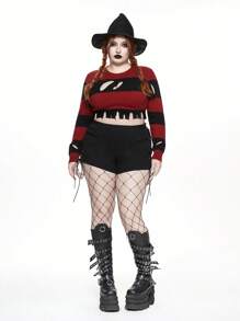 ROMWE Goth Pull court déchiré rayé rouge et noir pour l'Halloween, grande taille