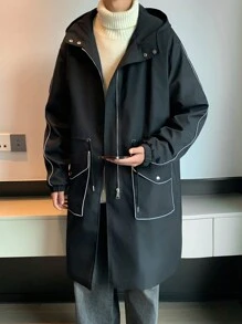 Manfinity Hypemode Men's Contrast Trim Front Zip Up Hooded Trench Coat With Pockets