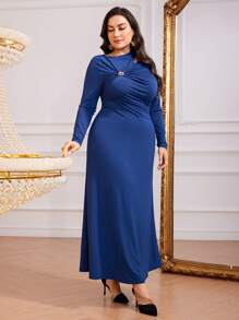 Modelyn Sukienka Plus Size Elegancka Jednolita Kolorowa Asymetryczna Kołnierzyk, Wiosna/Jesień - Niebieski - Zobacz 4