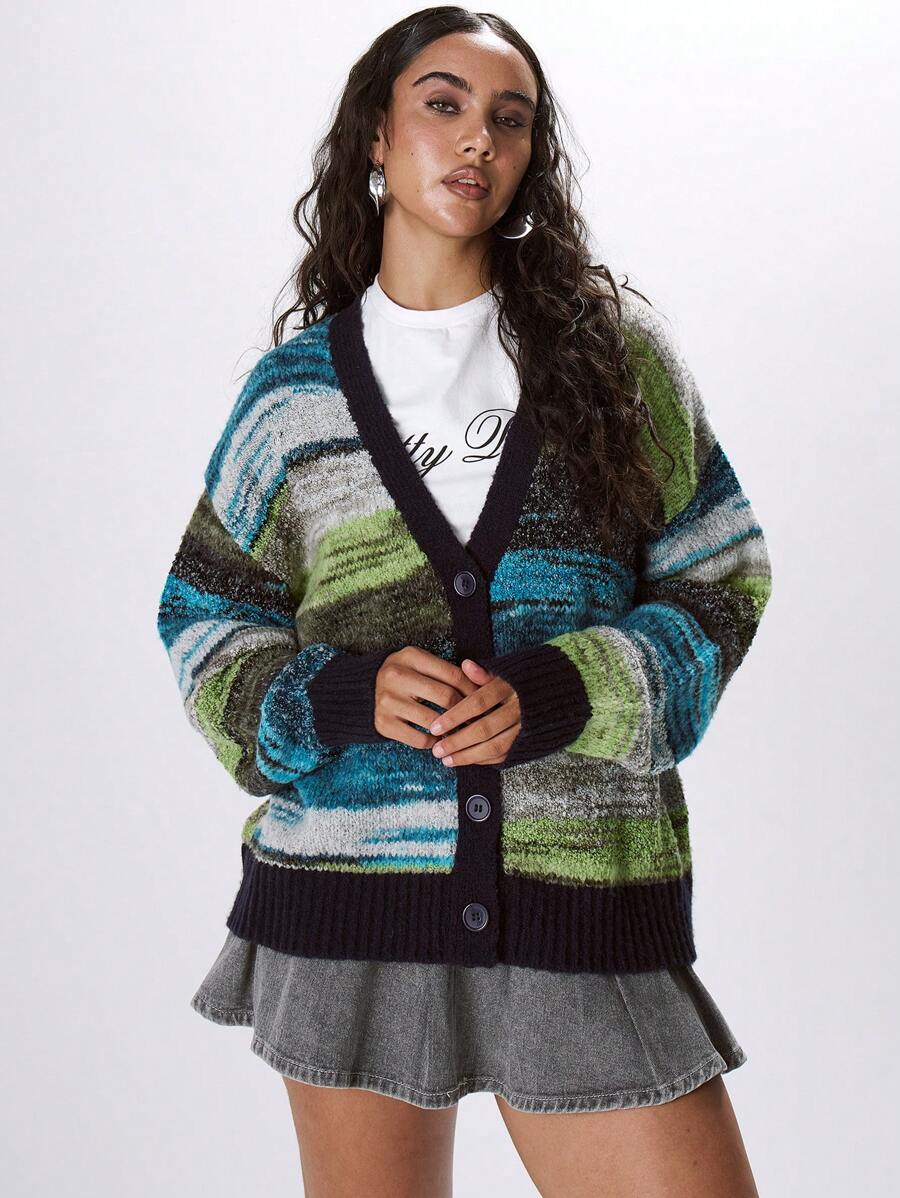 MUSERA Contrast Binding Marble Knit Cardigan Spring Casual Y2k 90's Stripe Oversized Airport Holiday Fall Back To School Autumn Winter Everyday  Work Office   Chic Sweater Spring - Multicolor - View 1