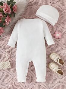 2件套女婴秋冬蝴蝶结印花优雅连体衣套装，含帽子 - 卡其色 - 查看 2