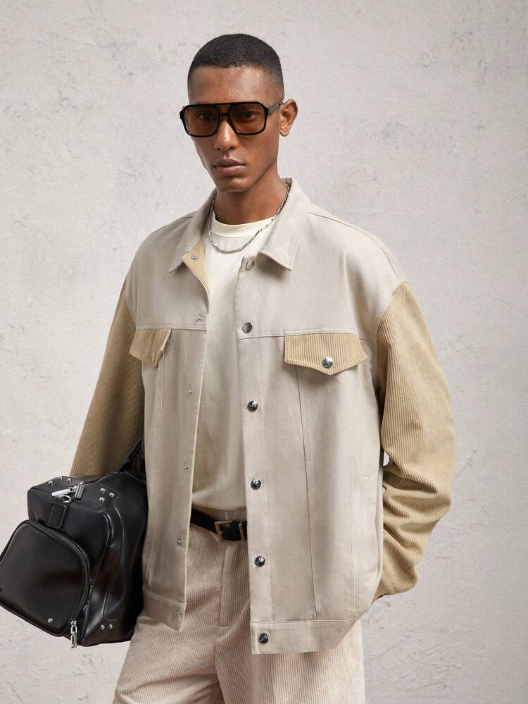 Men's Woven Color Block Casual Turndown Collar Long Sleeve Loose Drop Shoulder Open Front Jacket Suitable For Autumn Winter, Composed Of Cotton, Khaki, Metal Snap, Corduroy Patchwork