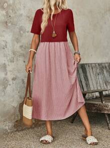 EMERY ROSE Vestido de verano de talla grande, vestido campestre de bloqueo de color con cuello redondo, manga corta, vestido de verano a rayas para mujer