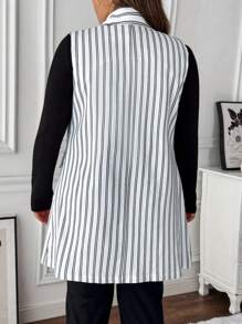 SHEIN LUNE Winter Clothes Plus Size Sleeveless Black And White Striped Lapel Suit - Black and White - View 2