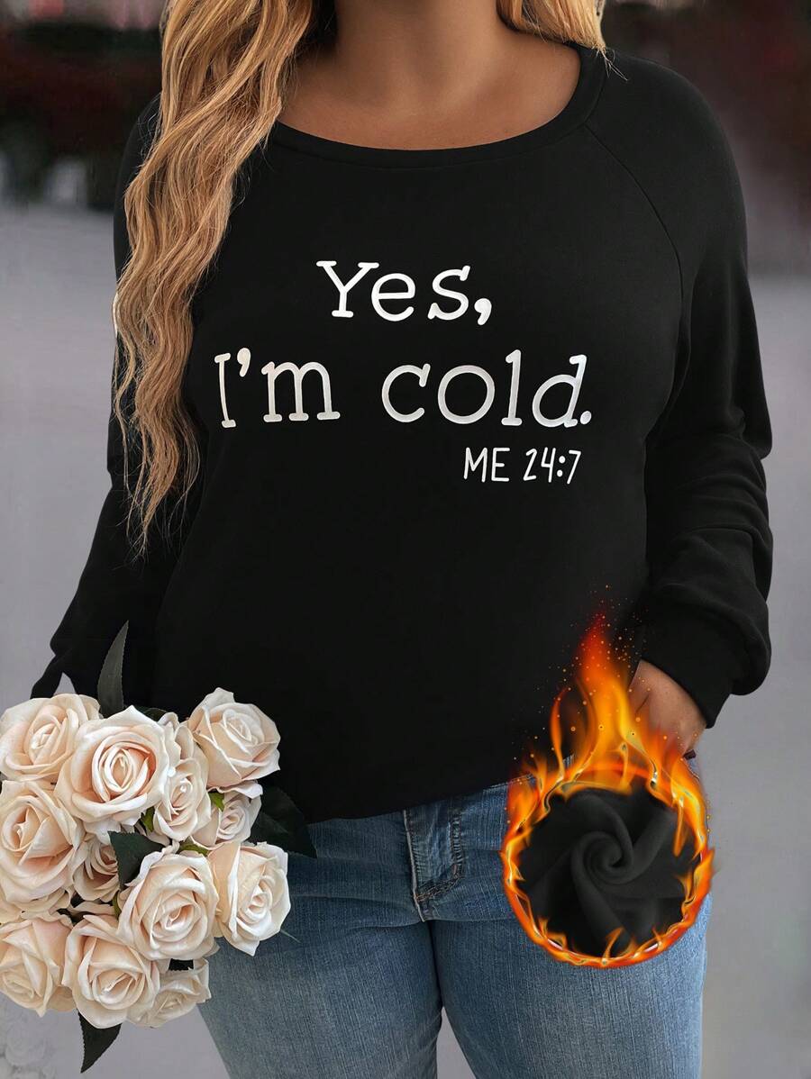 SHEIN LUNE Plus Size Spring Autumn Casual Slogan Printed T-Shirt Winter Clothes - Black - View 1