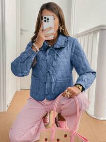 SHEIN Frenchy 1 件女式纯色前系带口袋长袖休闲夹棉外套