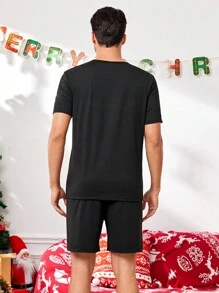 CoupledUp Santa Claus Print Short Sleeve Top & Shorts Pajama Set For Men, For Christmas - Black - View 5
