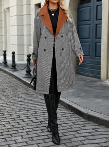SHEIN LUNE Women's Color Block Drohoulder Long Sleeve Herringbone Long Casual Knitted Blend Coat, Winter