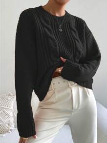 Chiquease 休闲纯色落肩毛衣，秋冬季长袖上衣，针织套头衫 - 黑色 - 查看 4