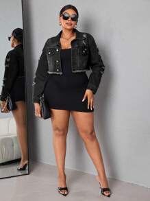 SHEIN SXY Áo khoác denim giản dị tay dài viền rách thời trang xuân thu cỡ lớn cho nữ - màu đen - Xem 6