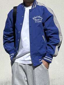 DAZY 男士休闲字母刺绣夹克，秋季 - 藍色 - 查看 4