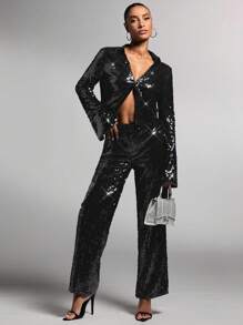 SHEIN BAE Quần ống đứng sequin thời trang nữ - màu đen - Xem 3