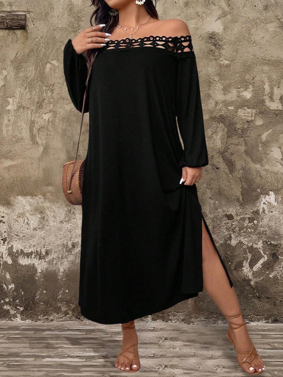 SHEIN LUNE Vestido de manga larga con escote con abertura, unicolor, aplicación de encaje y abertura lateral para talla grande - Negro - Ver 1