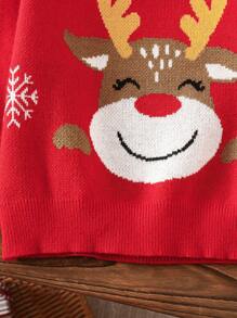 SHEIN Baby Girls' Round Neck Deer Pattern Sweater, Suitable For Family Gatherings, Outings, And Christmas,In Fall/Winter
