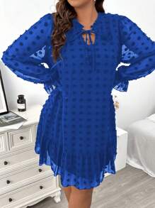Celure Plus Size Women's Spring Summer Solid Color Tie Collar Long Sleeve Loose Straight Dress - Royal Blue - View 7