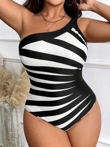 Swim Lushoire Plus Size Printed One-Piece Swimsuit Summer - Black and White - View 1