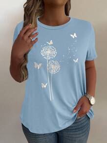 EMERY ROSE 大码女式休闲短袖圆领蝴蝶和蒲公英印花T恤女式上衣 - 淺藍色 - 查看 3