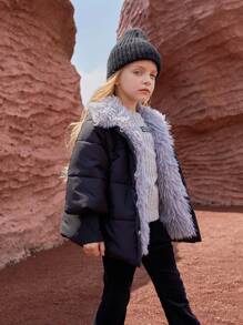 SHEIN Classic Black Padded Coat For Young Girl, With Contrast Purple Furry Lining Design To Add Vibrant Contrast, Combining Cute And Elegant Minimalist Sophistication, Suitable For Various Occasions, Suitable For Daily Casual Wear And Outdoor Travel, Fit For Autumn And Winter Seasons - Hot Pink - View 1