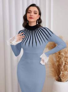 Modelyn Zipper Long Sleeve Printed Simple Long Casual Sweater Dress - Baby Blue - View 6