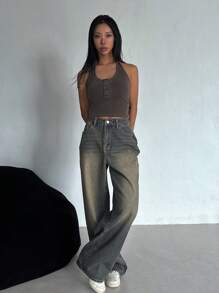 DAZY Quần Jeans Dài Xòe Rộng Cho Nữ - Màu xanh bụi bặm - Xem 5