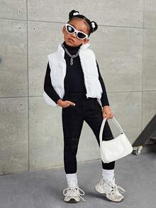 SHEIN Leap Crew Chaqueta acolchada sin mangas con cuello alto para niñas jóvenes, otoño (9), invierno (2), blanco - Blanco - Ver 4