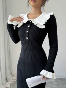 Selianne Elegant Black And White Contrast Ruffle Trim Fitted Sweater Dress, Spring/Fall - Black - View 5