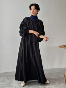 FRIFUL Women's Casual Solid Color Round Neck Drop Shoulder Long Sleeve Pleated Loose Dress, Spring & Autumn - Black - View 3