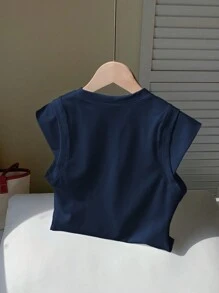 Comfortcana 女士纯色圆领休闲 T 恤 - 藏蓝色 - 查看 2