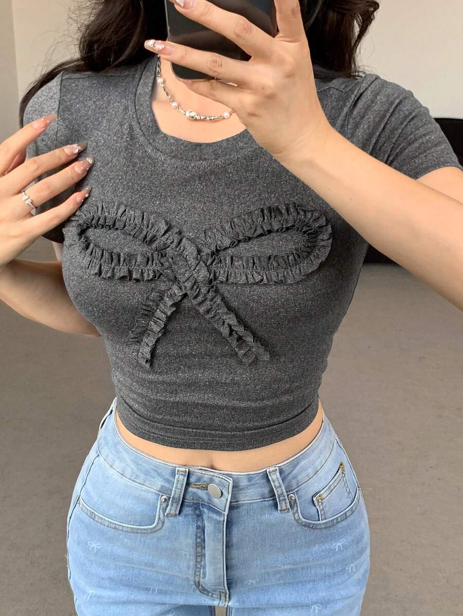 DAZY Áo thun ngắn tay họa tiết nơ 3D thường ngày mùa hè dành cho nữ - Xám - Xem 1