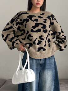 DAZY 女式宽松圆领豹纹毛衣、长袖上衣、秋装 - 彩色 - 查看 2