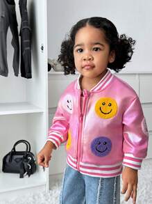 SHEIN Explorewe Chaqueta de manga larga con cara sonriente bordada para bebés niñas, otoño/invierno - Rosa - Ver 3