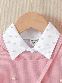 Elladie kids 3pcs/Set Young Girl Elegant Outfit - Collared Solid Shirt Dress And Beaded Vest And Beaded Sling Bag, Spring/Fall - Pink - View 6