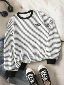 SHEIN Leap Crew 青少年女孩秋冬季休闲条纹保暖内衬超大码运动衫