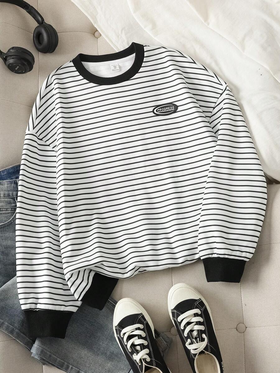 SHEIN Leap Crew 青少年女孩秋冬季休闲条纹保暖内衬超大码运动衫