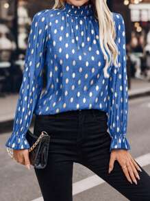 SHEIN LUNE Camisa con cuello alto y estampado de lámina casual para mujer, primavera otoño
