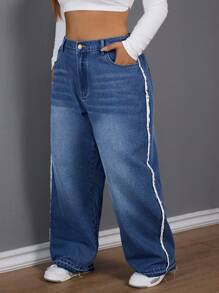 SHEIN SXY 大码女式破洞口袋阔腿宽松休闲百搭牛仔裤 - 深色水洗藍 - 查看 6