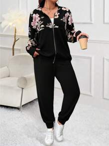 EMERY ROSE Taglia comoda Donna 2 pezzi/Set, giacca con cappuccio con chiusura lampo e stampa floreale a maniche lunghe, pantaloni con polsini elasticizzati, autunno/inverno