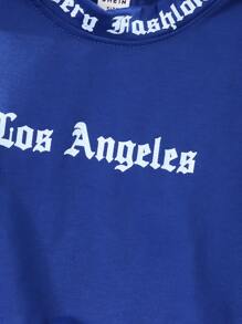 SHEIN 男童休闲趣味英文字母图案圆领短袖T恤，适合日常穿着、上学、郊游、运动、春夏季 - 藍色 - 查看 7