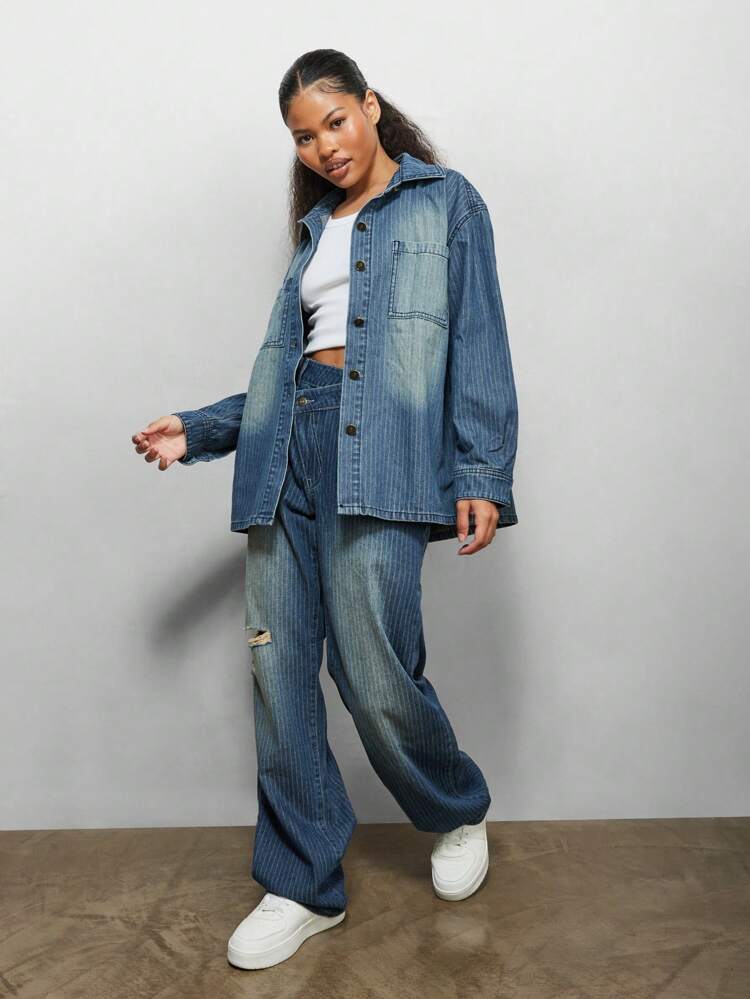 SUMWON WOMEN Oversized Washed Stripe Denim Shirt