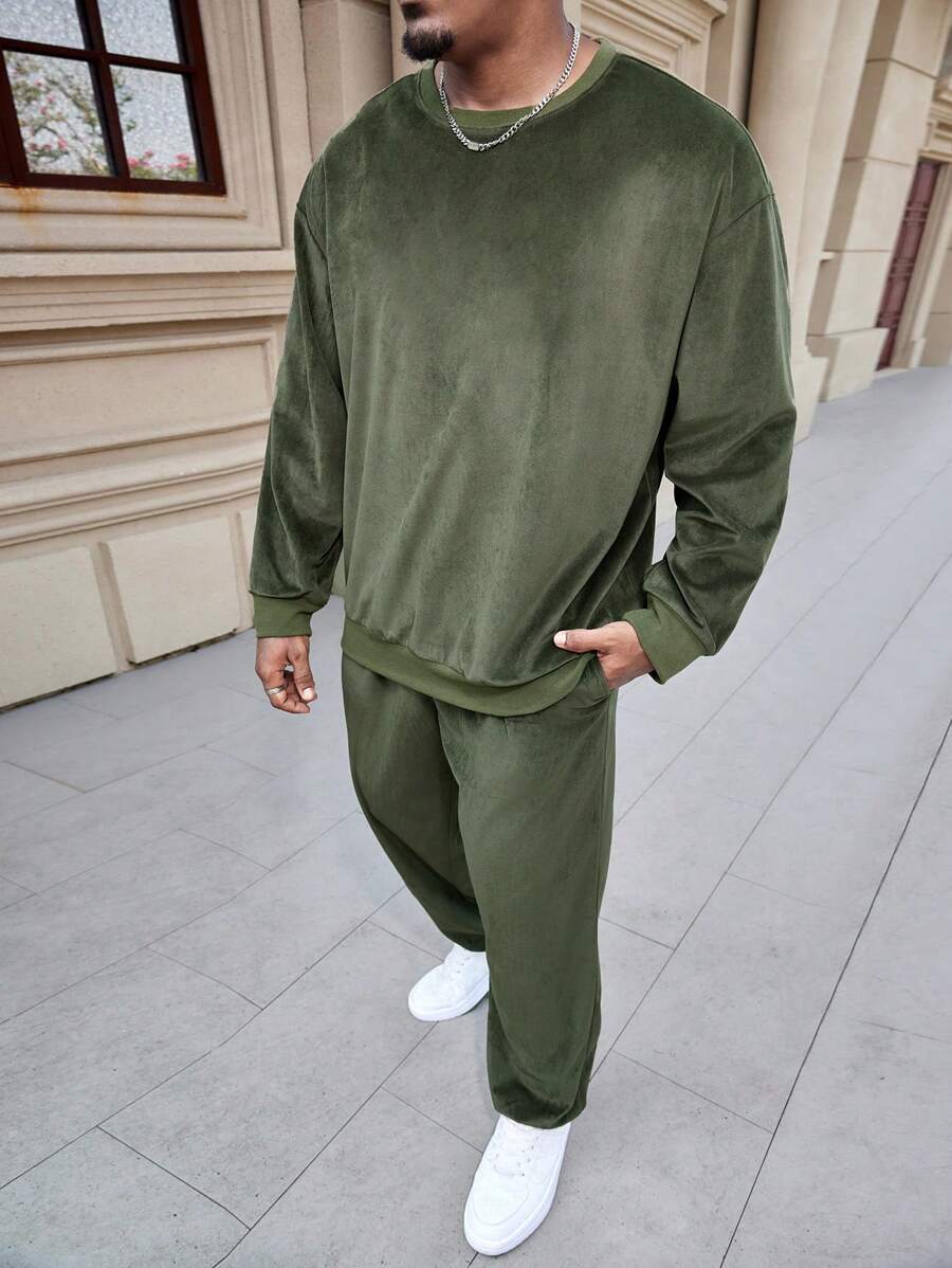 Manfinity Homme Men Plus Size Solid Color Casual Sweatshirt And Sweatpants Set - Army Green - View 1