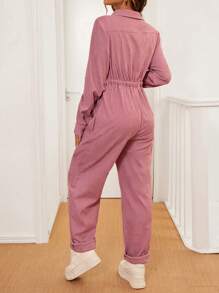 SHEIN 孕妇纯色单排扣长袖口袋休闲连体裤，春夏，孕妇装 - 粉色 - 查看 2